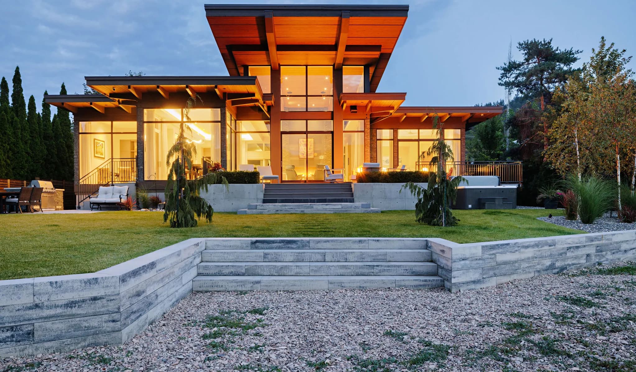 Modern home and landscape in the dark with lighting