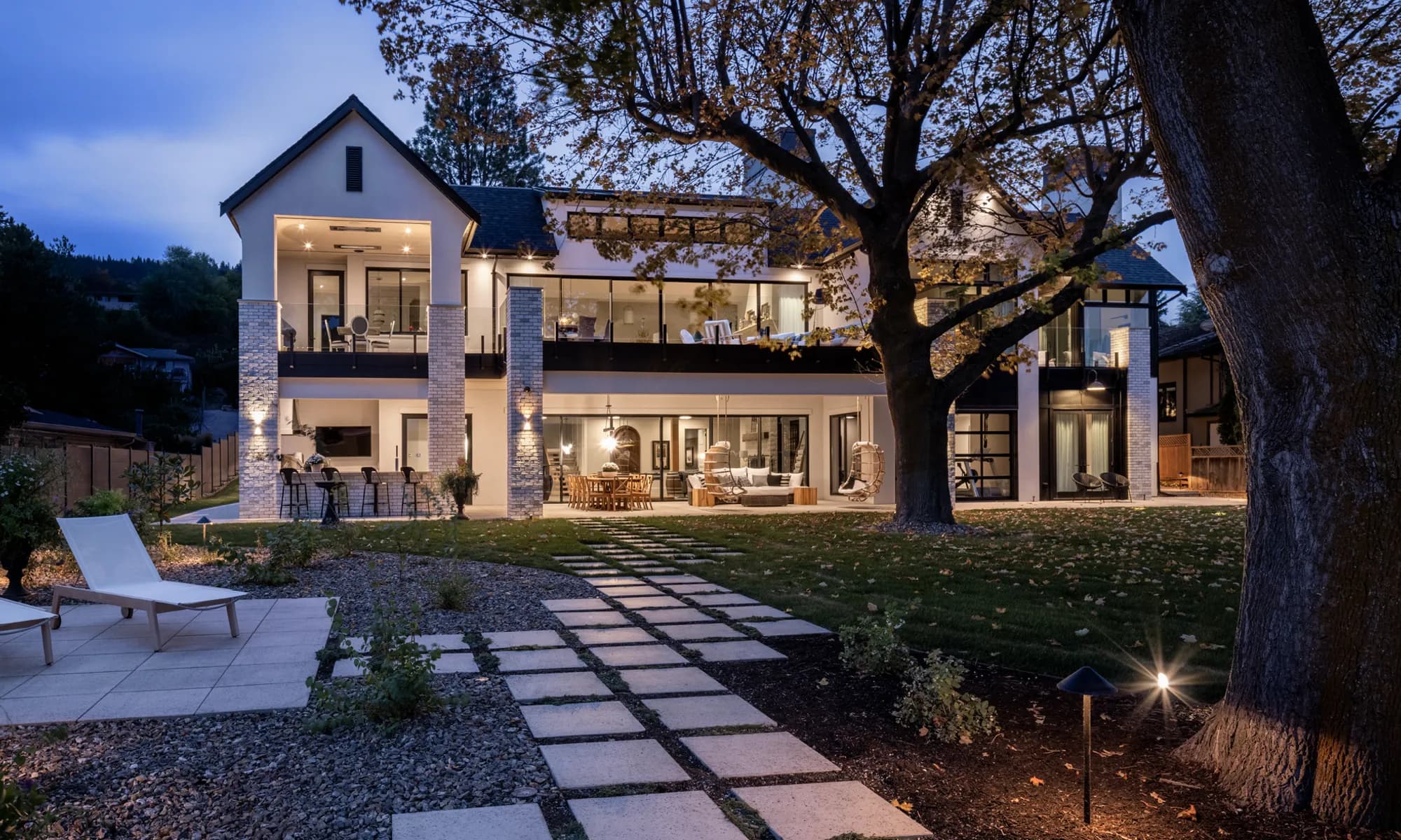 dark night with walkway and outdoor landscape lighting