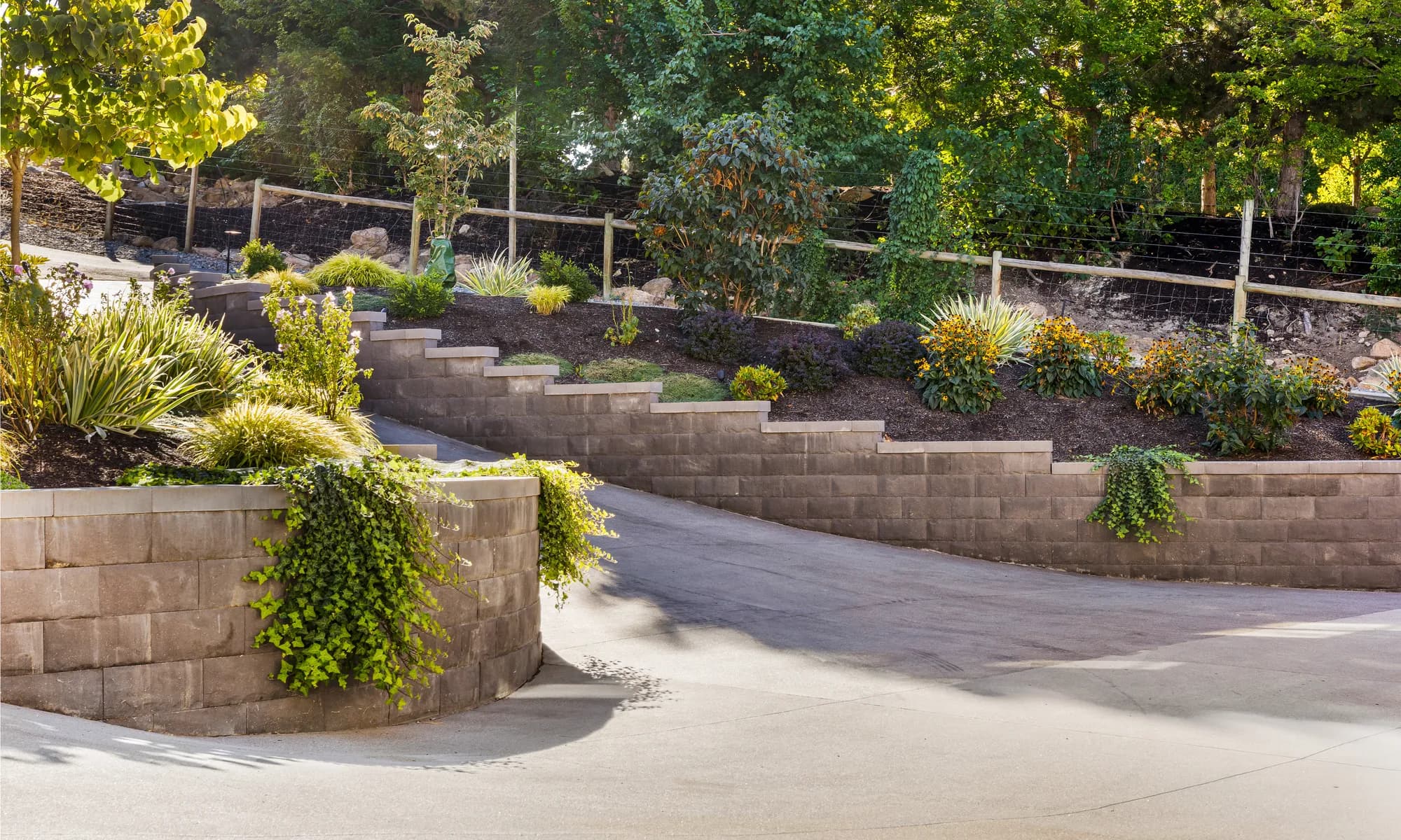 drieway with retaining wall with greenery