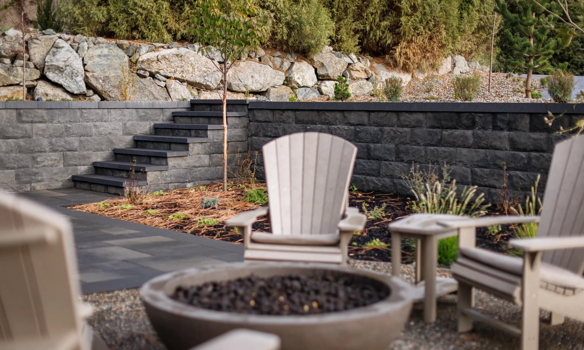 firepit and stone walkway and stairs and wall