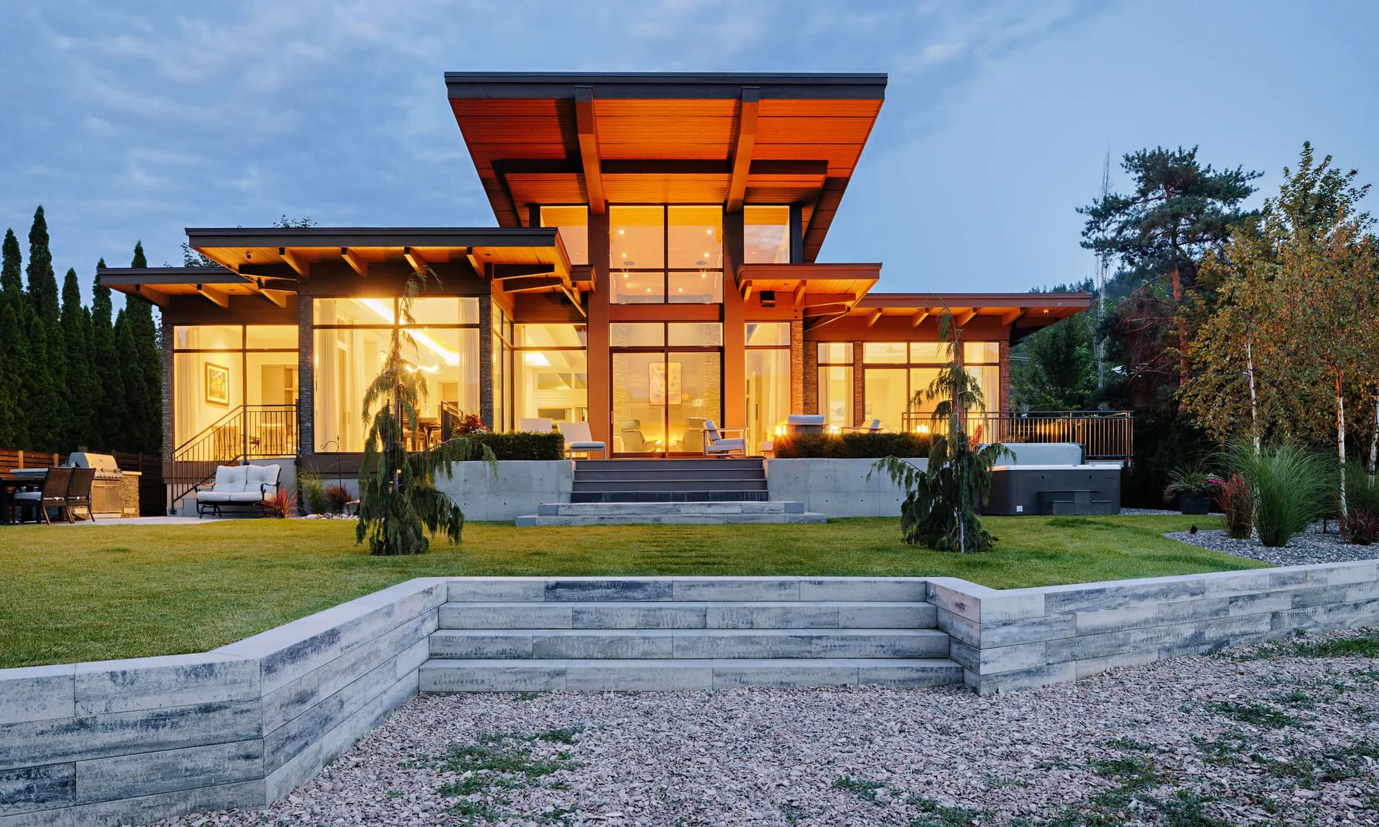 modern home stone retaining wall and stairs