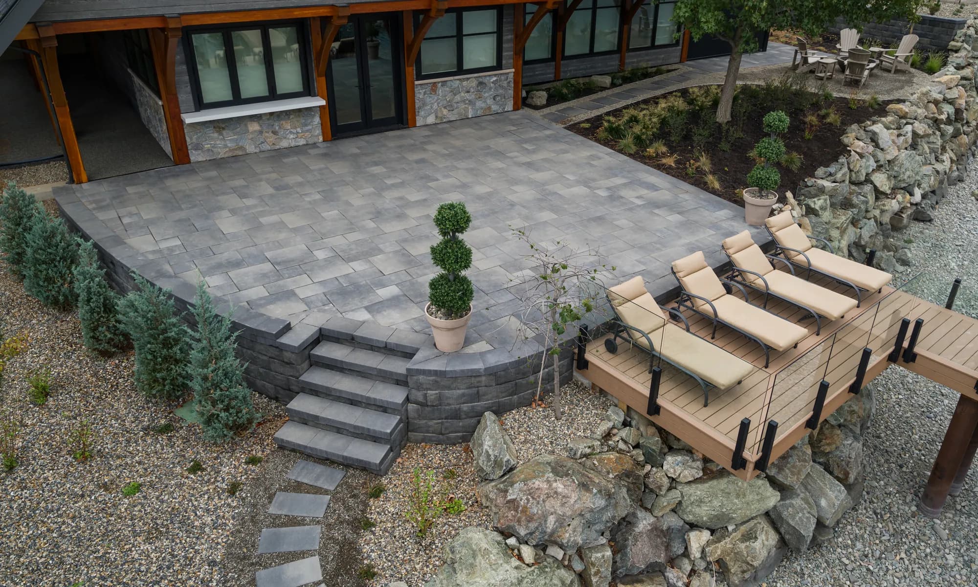 retaining wall lakefront home and trees