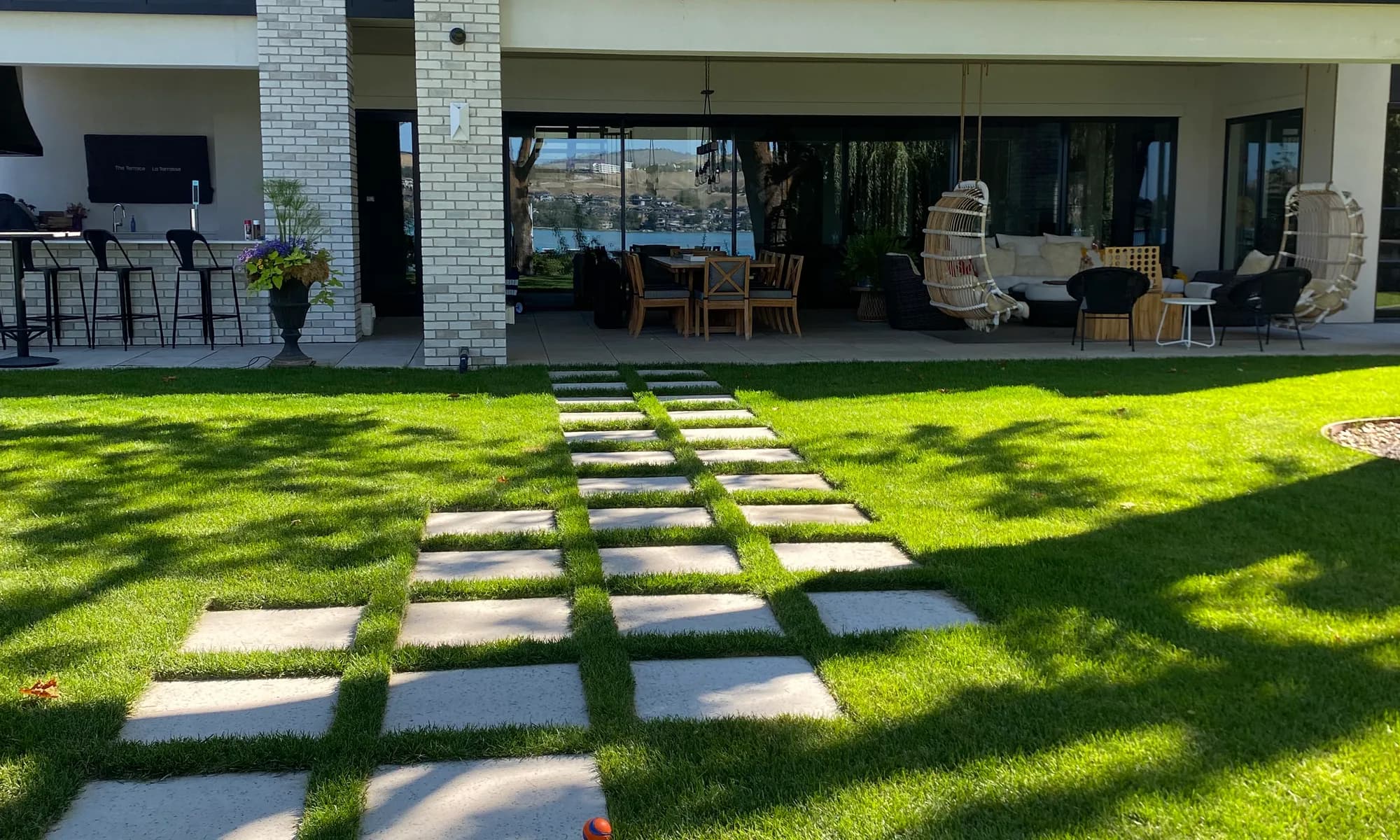 walkway and green grass and stone walkway