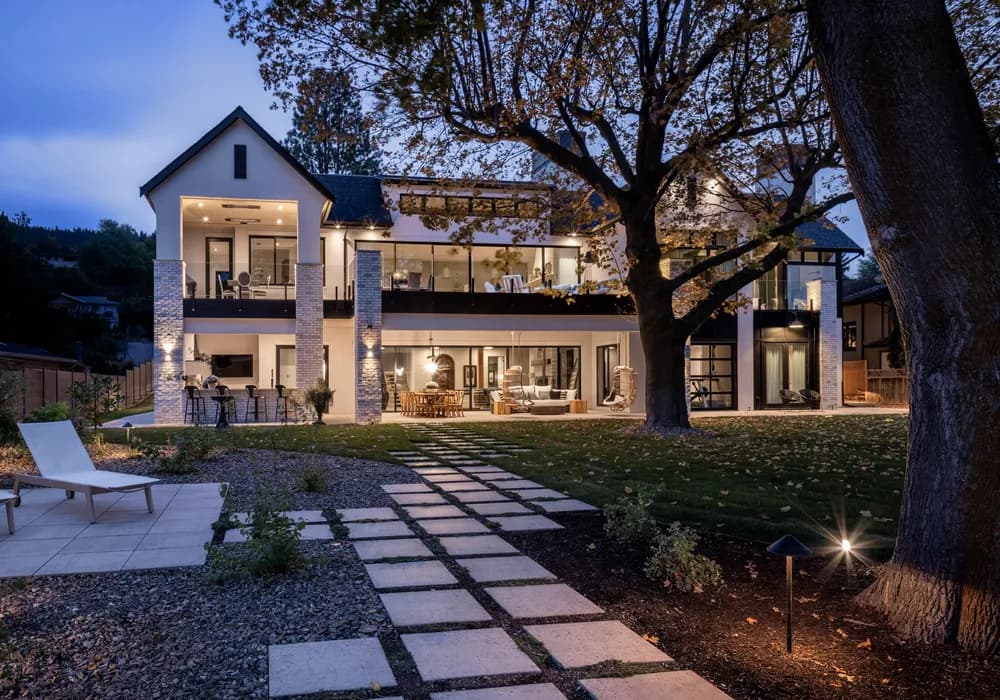 dark night with walkway and outdoor landscape lighting