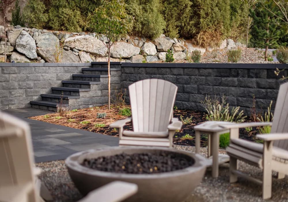 firepit and stone walkway and stairs and wall