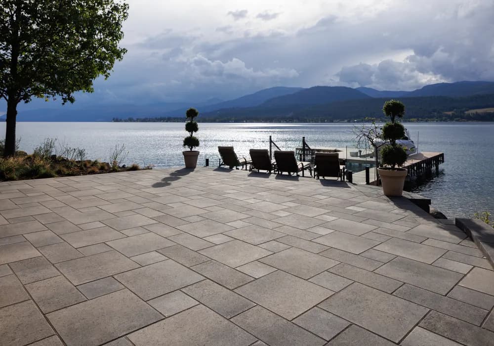 lake front view with paver stones