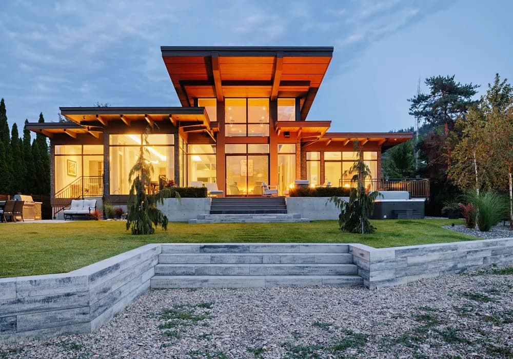 modern home stone retaining wall and stairs