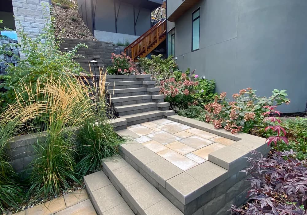 spiral stair case and garden with grasses