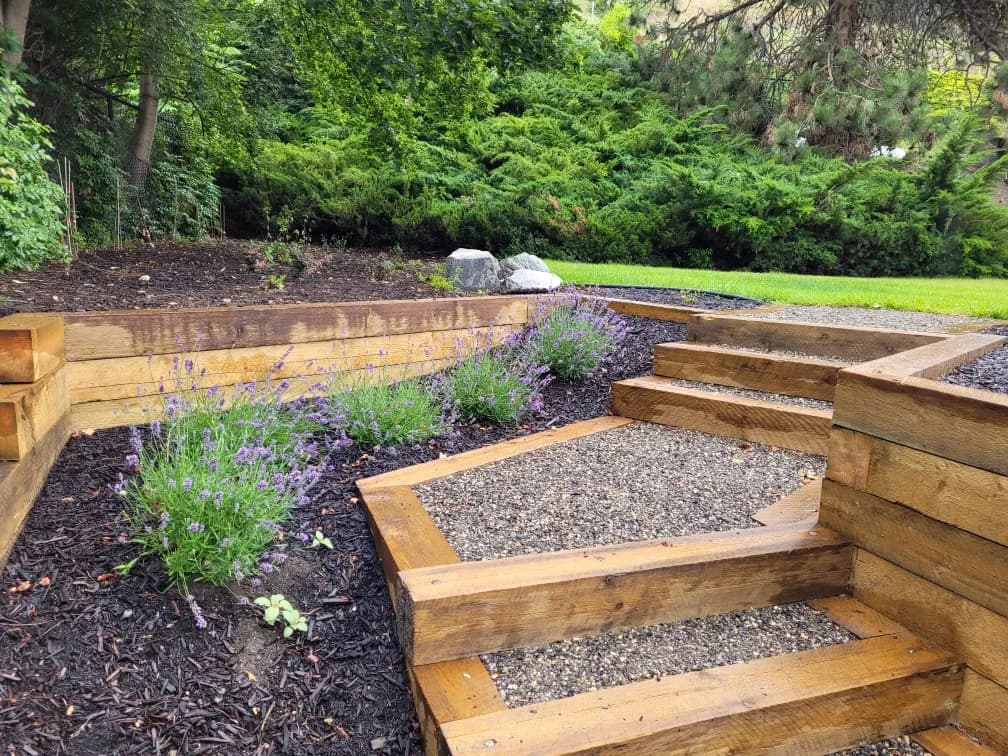 Wooden steps with mulch and decorative stone on the ground, and purple flowers on the left with a green lawn and hedges on the fronts